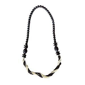 Black Stone & White Beaded Twisted Necklace With Large Black Accents Multistrand